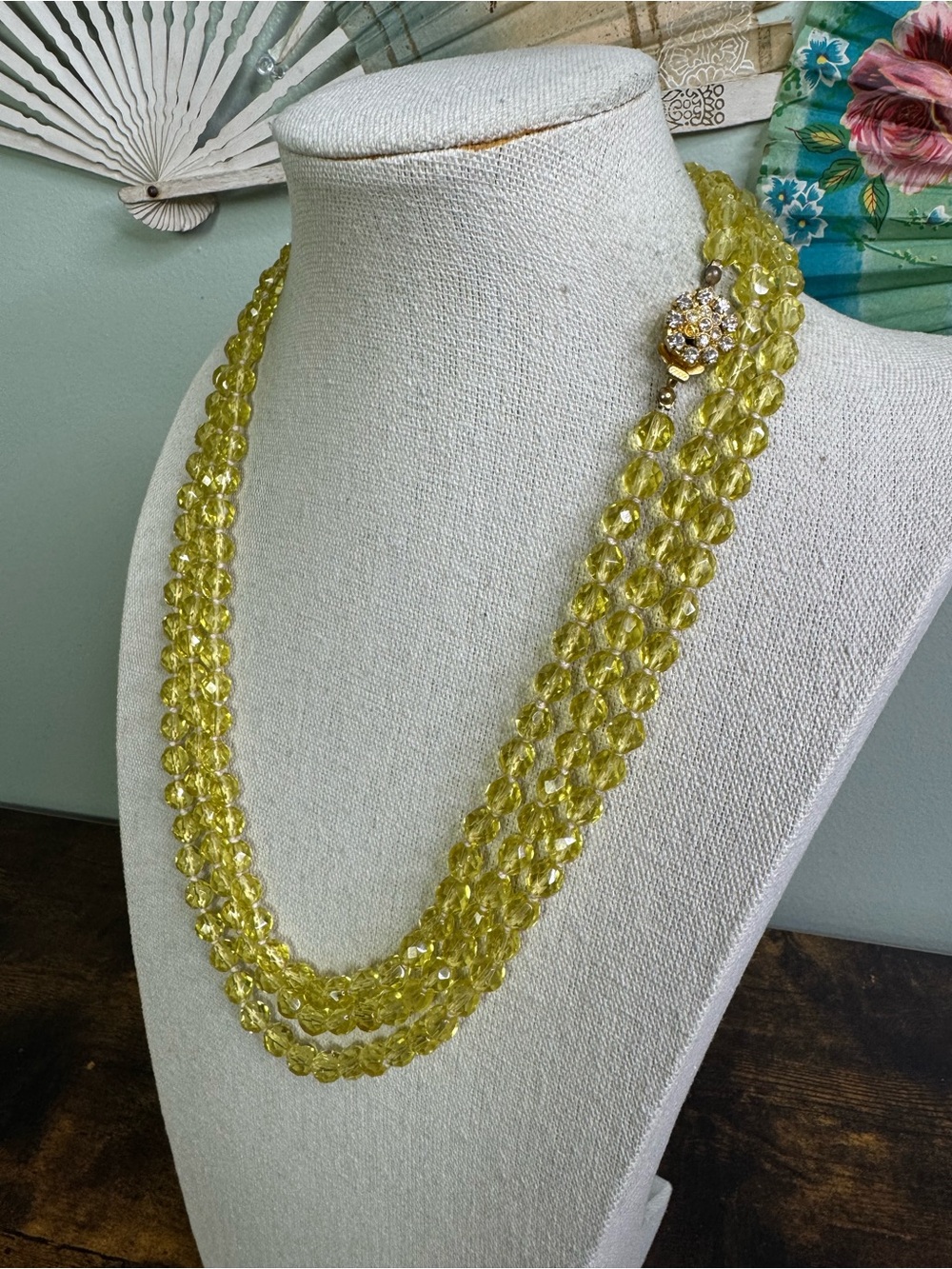 Yellow Long Strand Crystal Bead Necklace with Box Clasp - Flapper